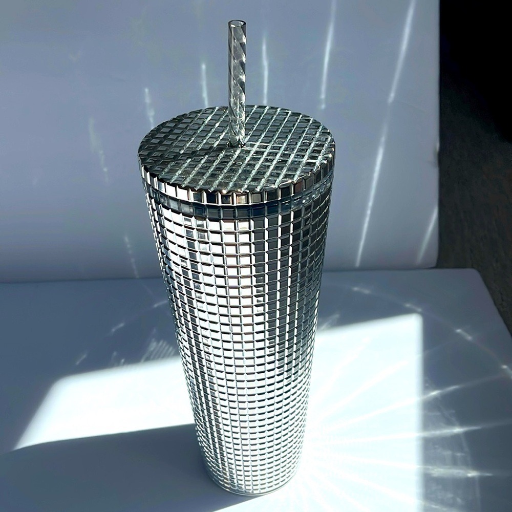 Starbucks Metallic Silver Grid Tumbler Cup with Straw - Picture 3 of 7
